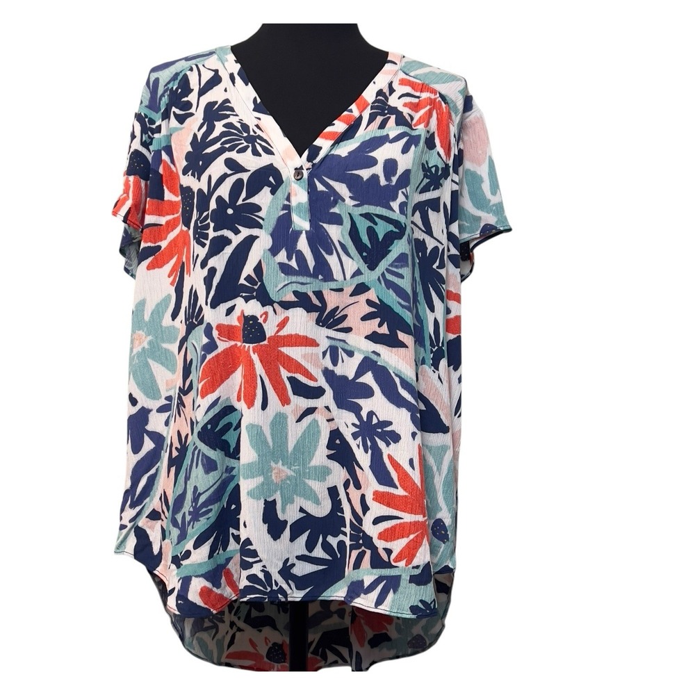 NIC+ZOE Tropical Patchwork Aqua Multi XLarge Top Hi-Lo Hem V-Neck Viscose Airy